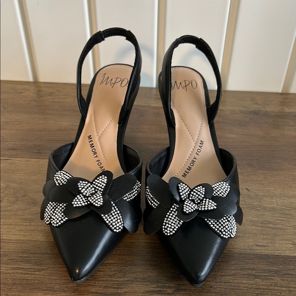 Impo Black Slingback Heels with Crystal Bow